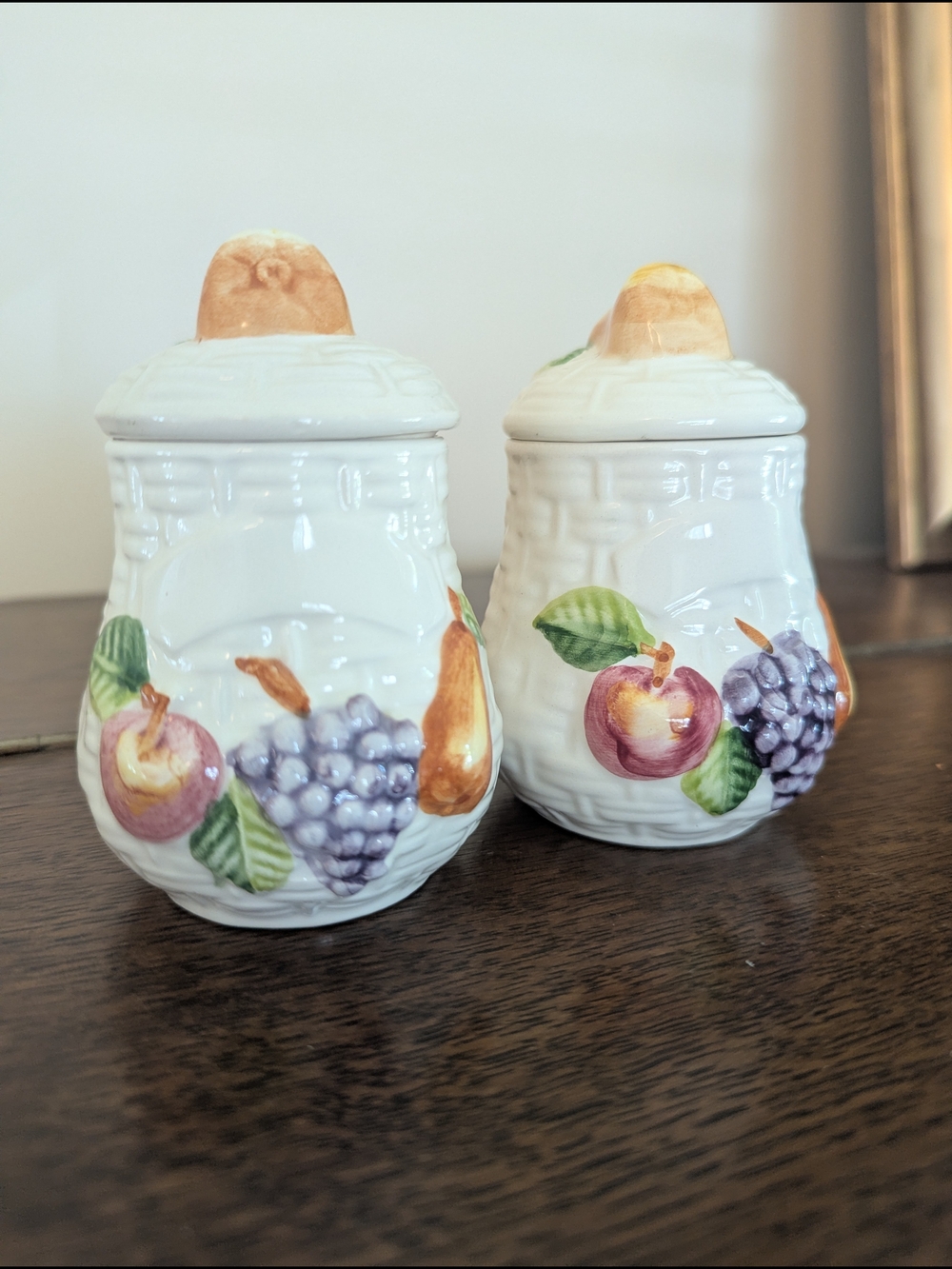 A. Santos Portugal Hand Painted Majolica Condiment Jars - Set of 2